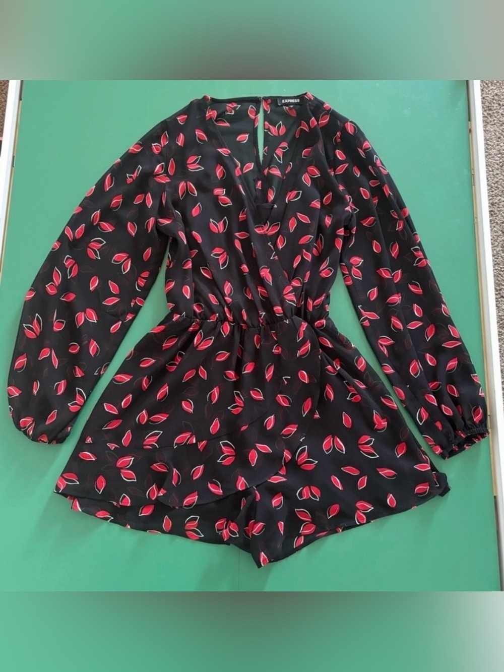 Express Size XS Black Romper with Red Leaf Motif